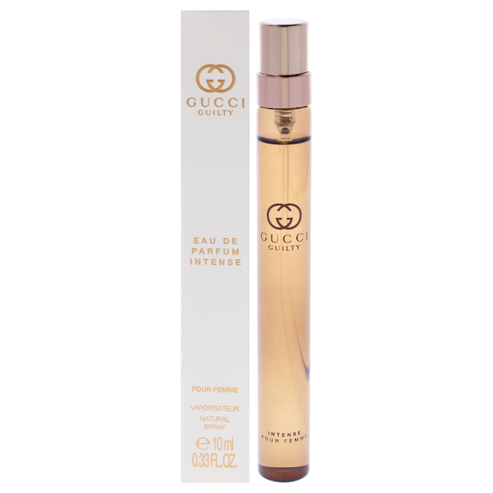 Gucci Guilty Pour Femme Intense front packaging showing compact travel bottle and logo benefit: recognizable luxury