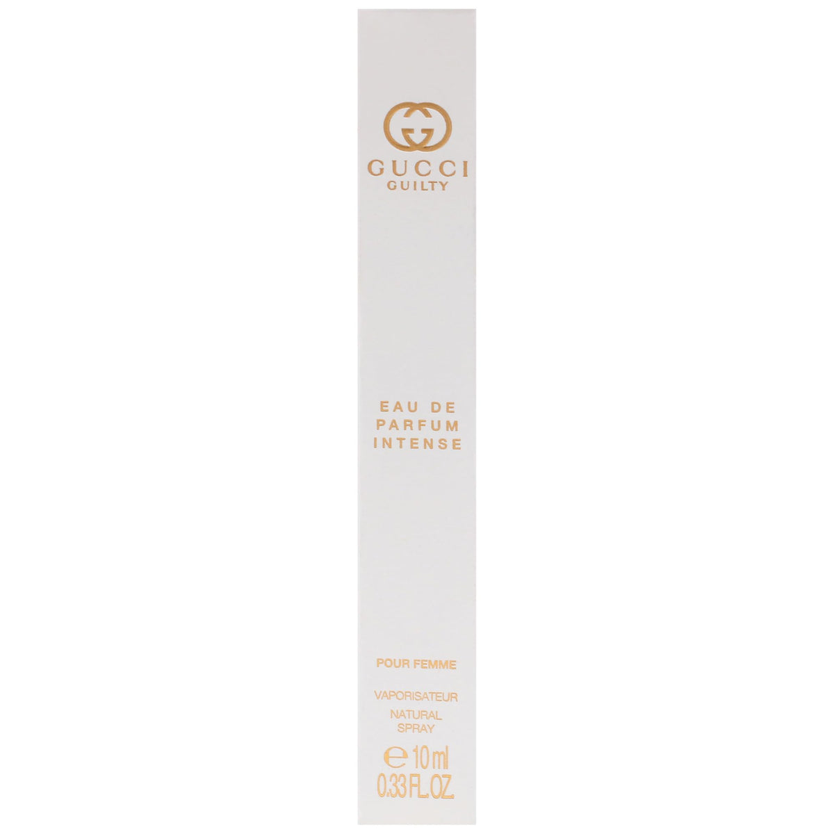 Hand holding Gucci Guilty Pour Femme Intense mini spray to show practical in-hand use and on-the-go freshness