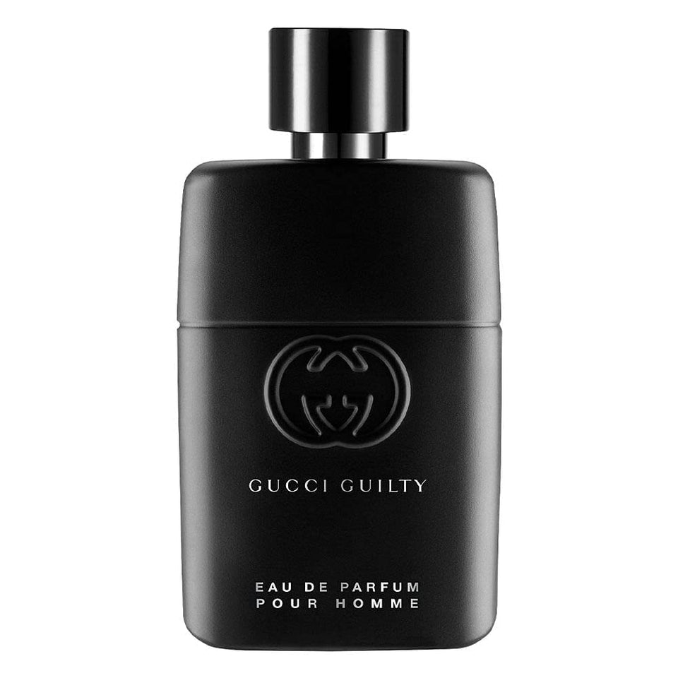Gucci Guilty bottle front view showing elegant design and clear glass for recognition