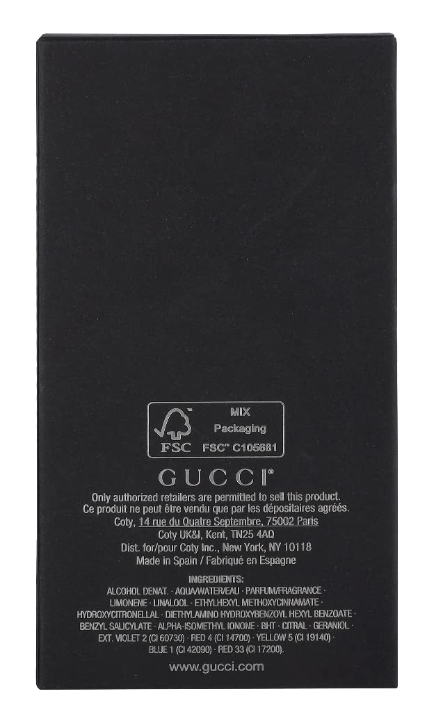 Gucci Guilty 90ml next to everyday items illustrating true size