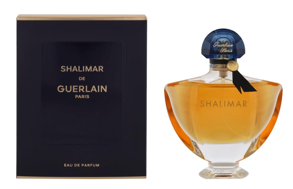 Guerlain Shalimar front bottle view showing iconic curves and elegant label benefit: collectible design