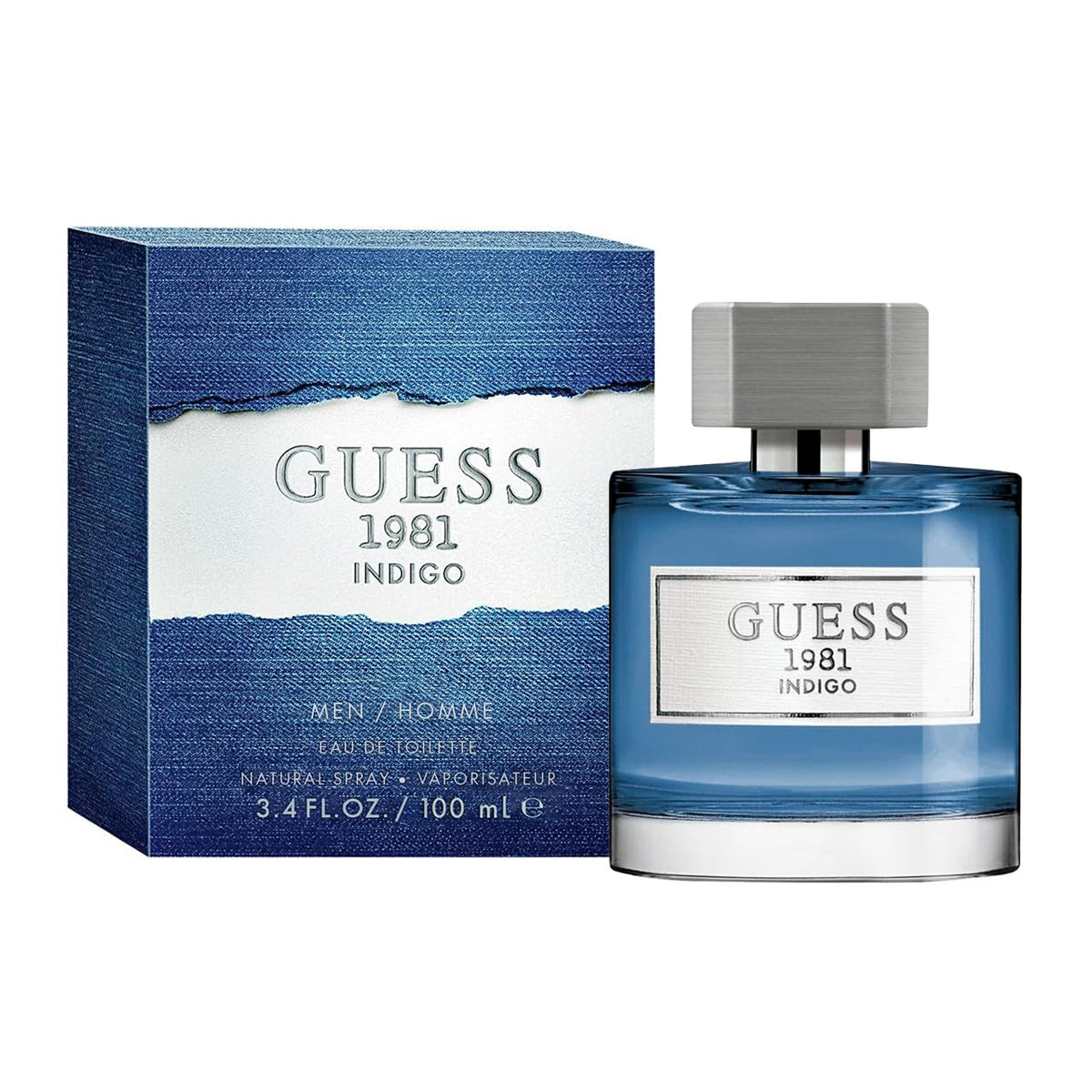 GUESS 1981 Indigo ingredient accents with fig and cedar visuals showing scent character benefit