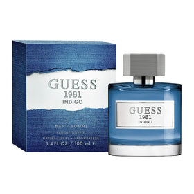 GUESS 1981 Indigo ingredient accents with fig and cedar visuals showing scent character benefit
