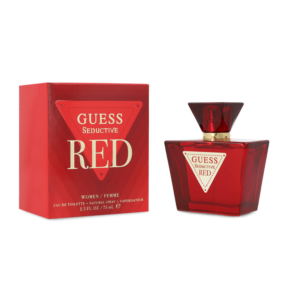 GUESS front bottle view showing red glass and elegant label, conveys polished style