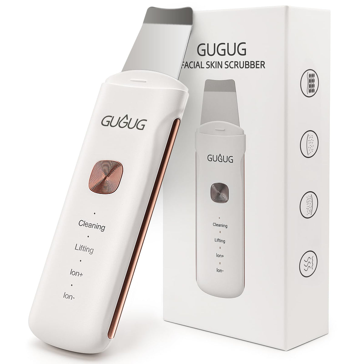 GUGUG skin scrubber front view showing sleek design and controls for convenient use
