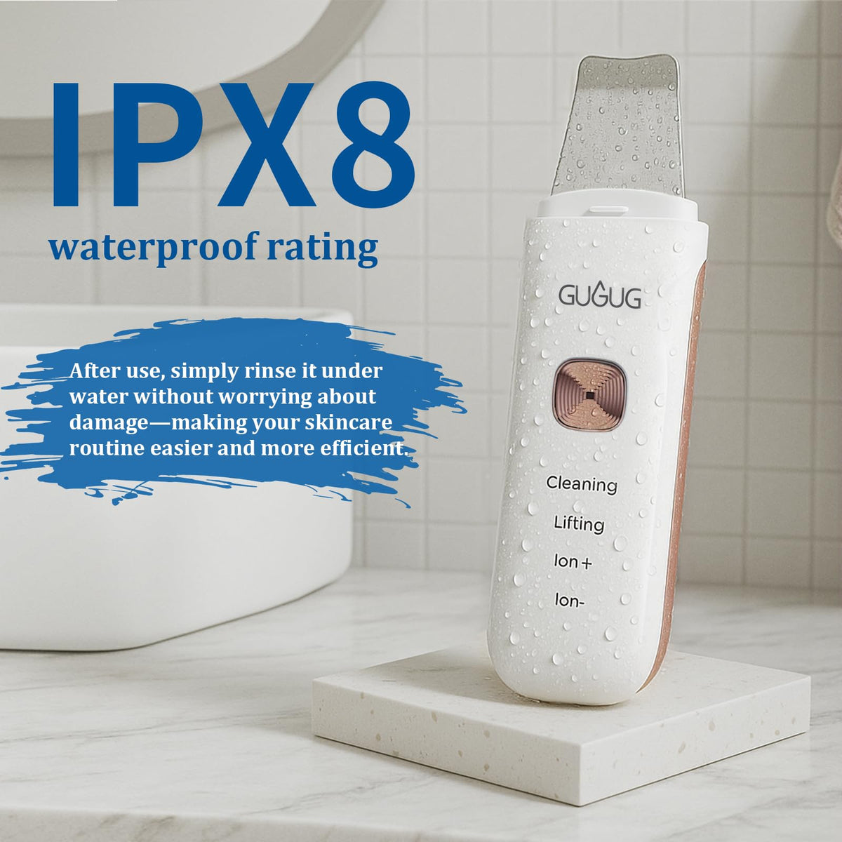 GUGUG stainless steel head close-up highlighting rounded edge for gentle exfoliation