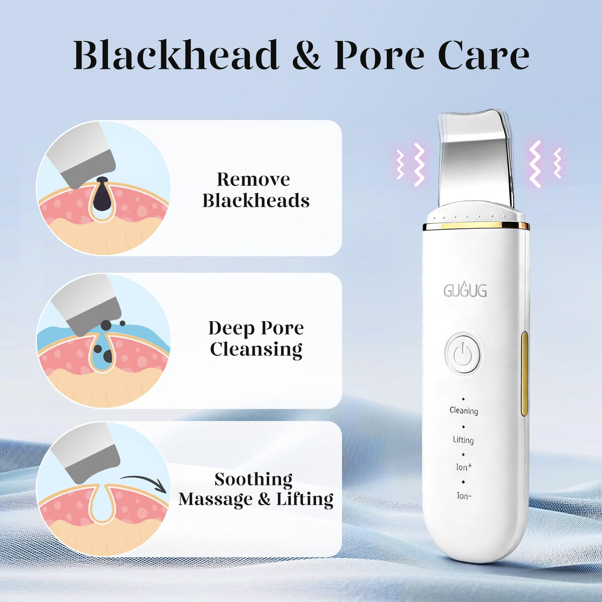 GUGUG close-up of ultrasonic blade edge demonstrating precise pore-clearing contact