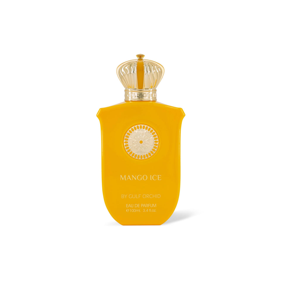 Gulf Orchid Mango Ice front bottle showing sleek silhouette and bright label benefit fresh tropical scent