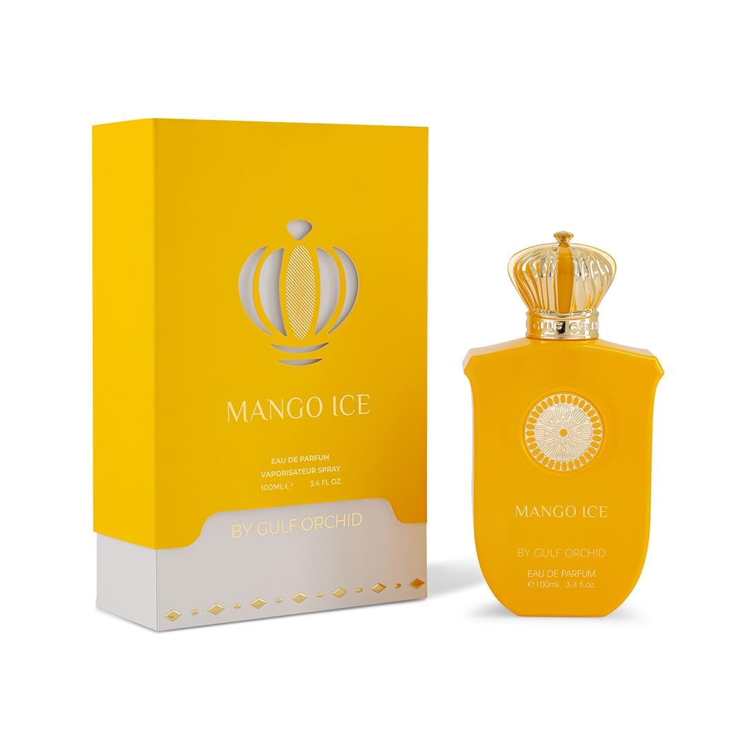 Gulf Orchid Mango Ice bottle in summer setting with mango fruit suggesting cooling fruity scent benefit