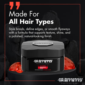 Gummy securing braids and tidy edges for precise, long-lasting control