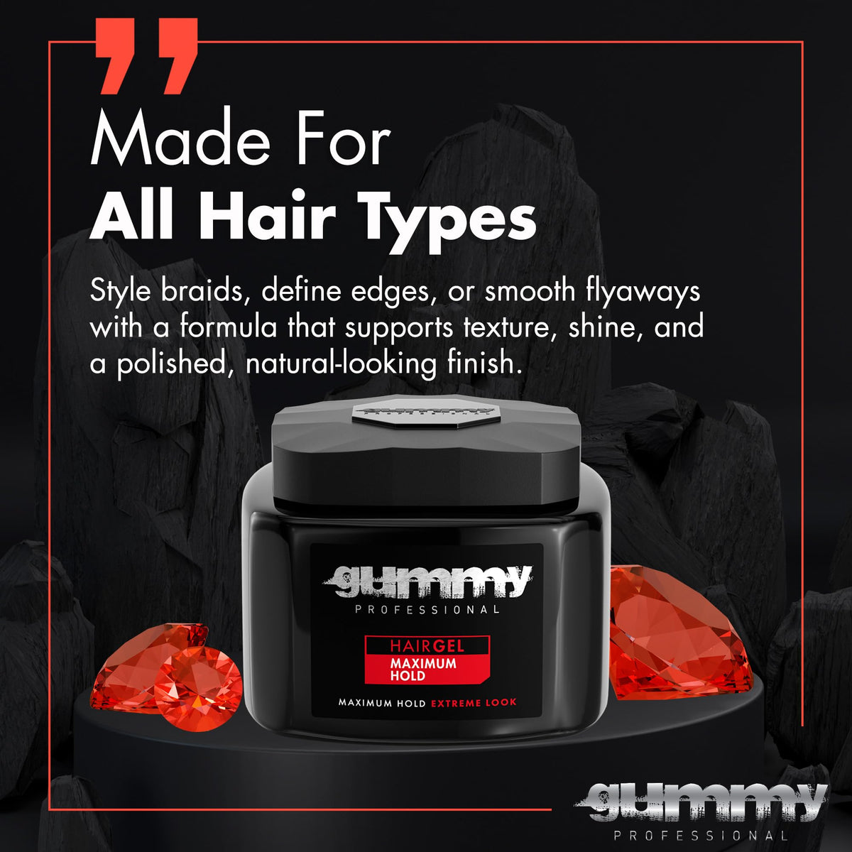 Gummy braids and twists detail showing crisp, secured styling results