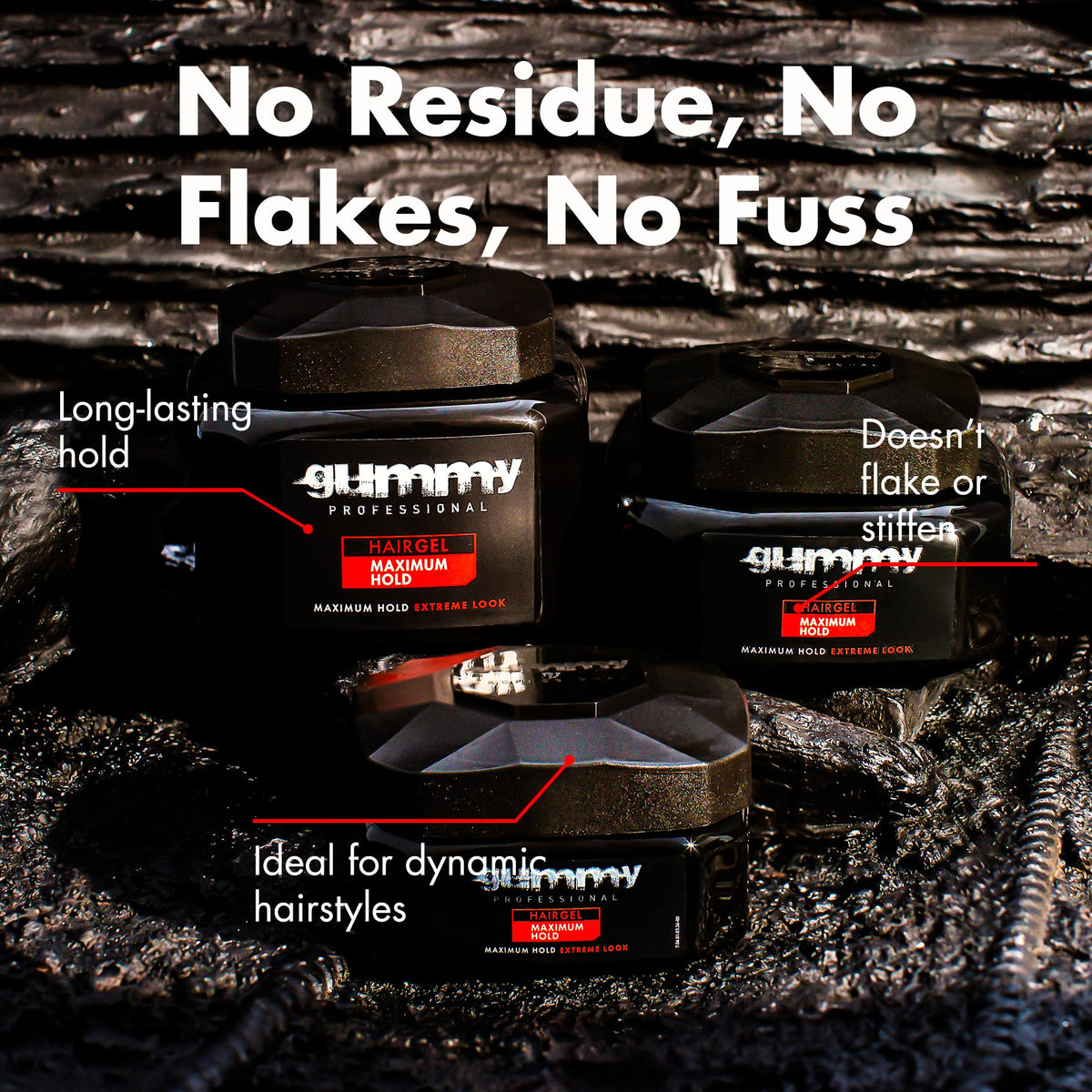 Gummy used for slick-back style on man delivering strong hold and shine