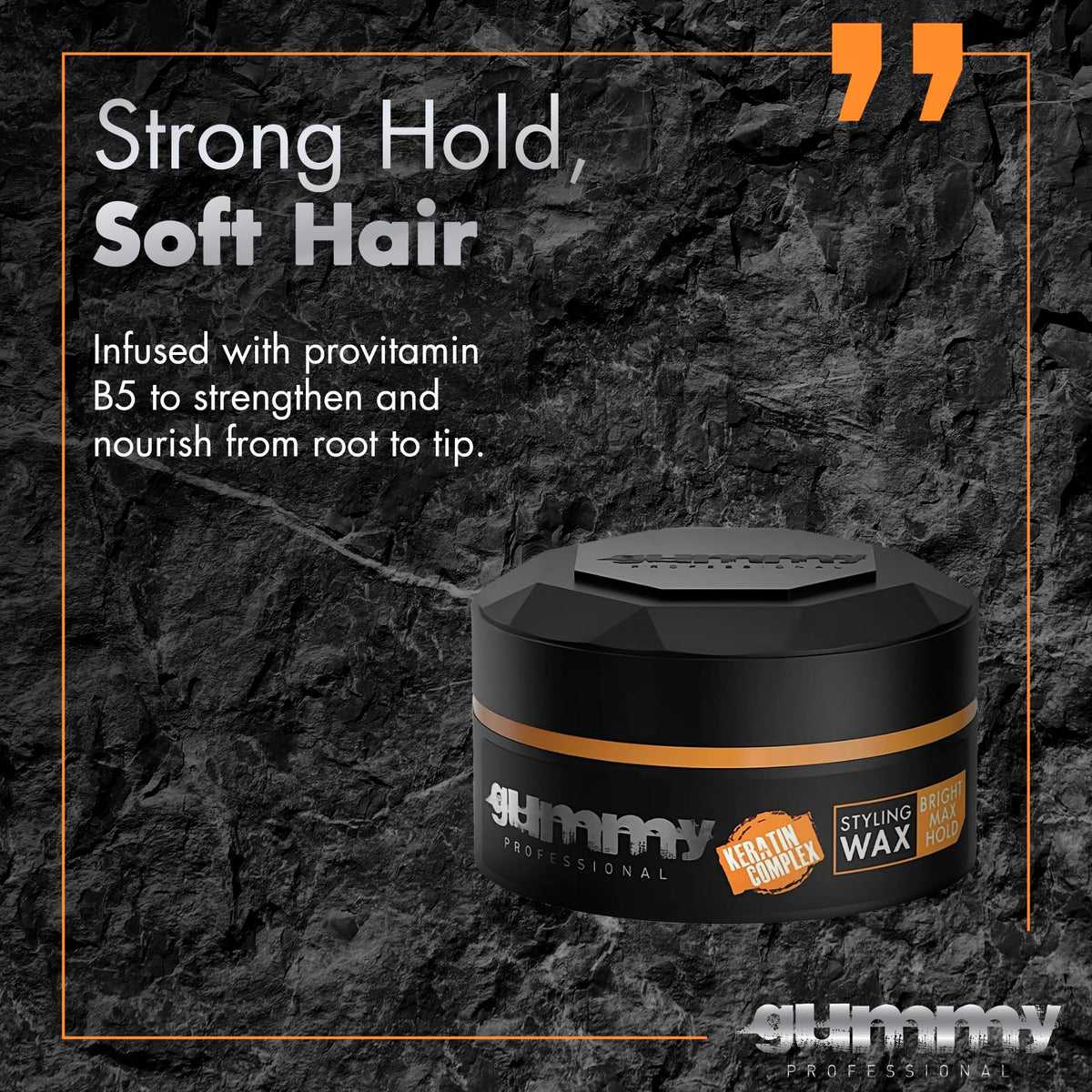Gummy styled slick-back on model showcasing firm hold and high gloss benefit