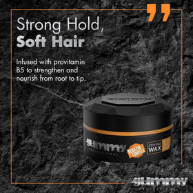 Gummy styled slick-back on model showcasing firm hold and high gloss benefit