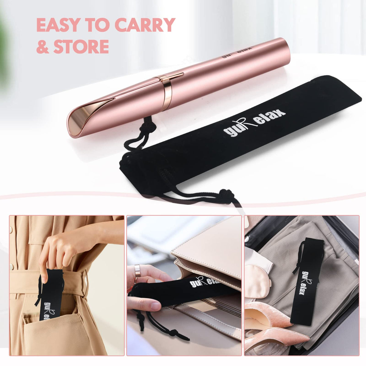 gurelax lifestyle bathroom counter illustrating easy daily touch-ups on-the-go