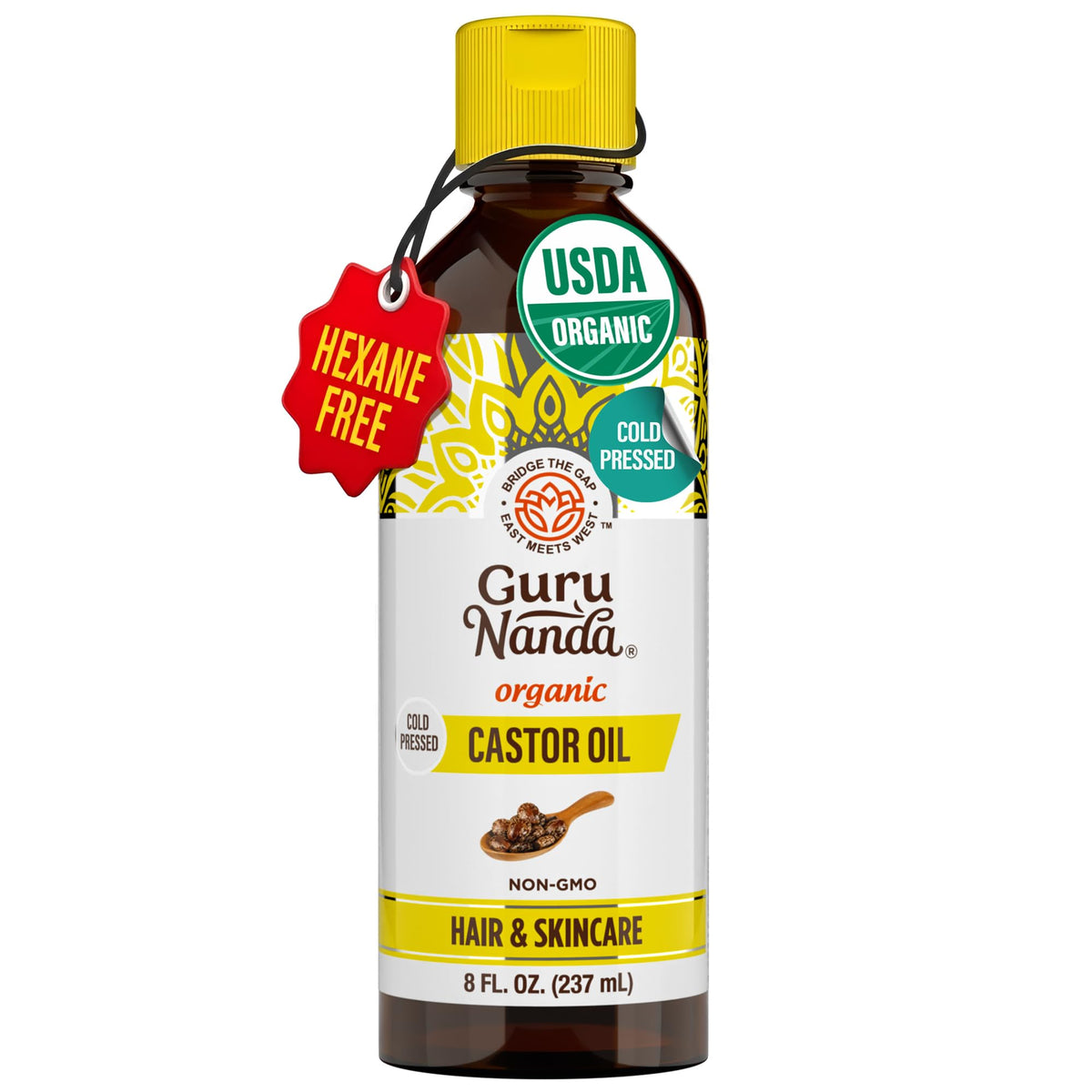 GuruNanda bottle front view showing label and organic castor oil benefits