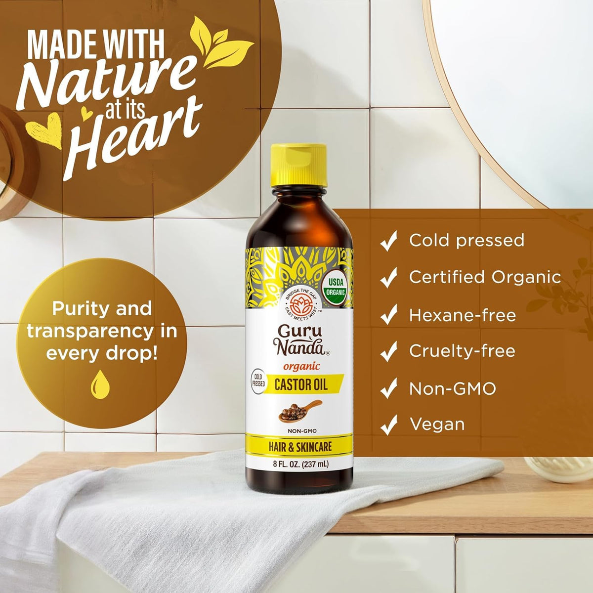 Stream of GuruNanda castor oil pouring to show thick cold-pressed consistency