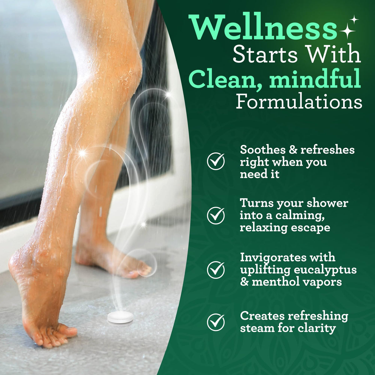 GuruNanda tablet placed in shower releasing steam for an invigorating experience