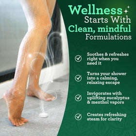GuruNanda tablet placed in shower releasing steam for an invigorating experience