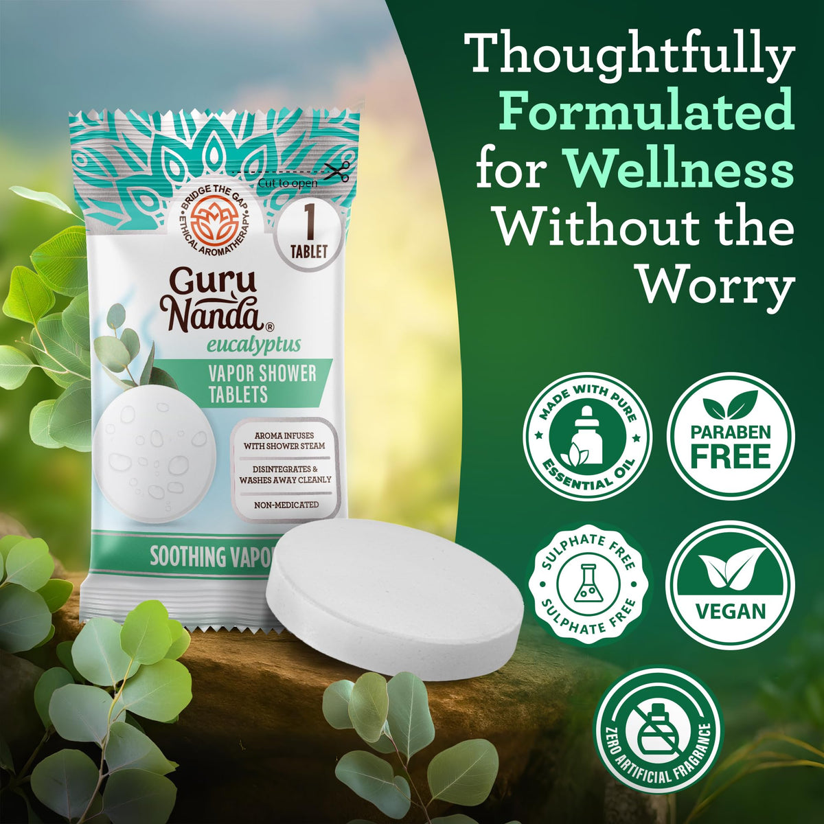 GuruNanda ingredients label listing eucalyptus, menthol, camphor, cedarwood benefits