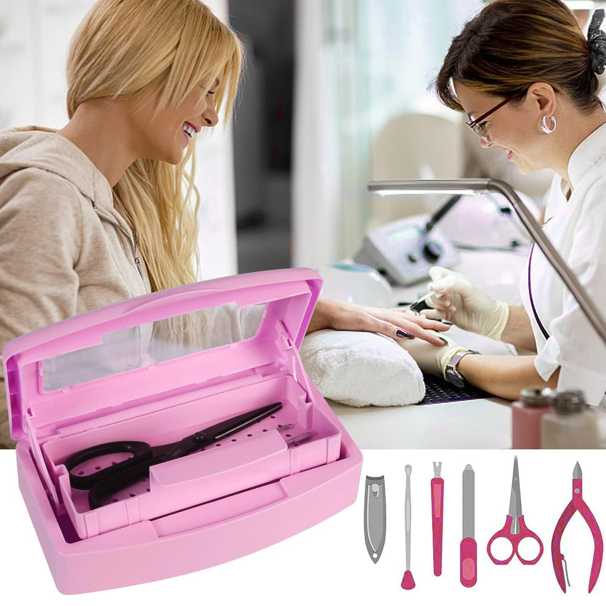 Gusnilo salon counter lifestyle shot showing the disinfectant container in a professional manicure setup