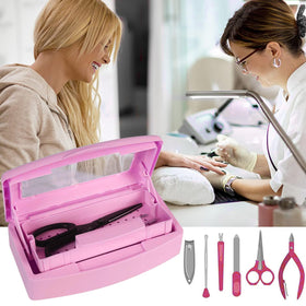 Gusnilo salon counter lifestyle shot showing the disinfectant container in a professional manicure setup