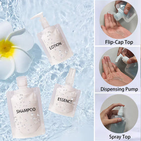 GUXACU assortment of 30ml 50ml 100ml flat pouches laid out to highlight space-saving design