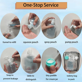 GUXACU pump and spray tops attached to pouches for controlled dispensing while traveling