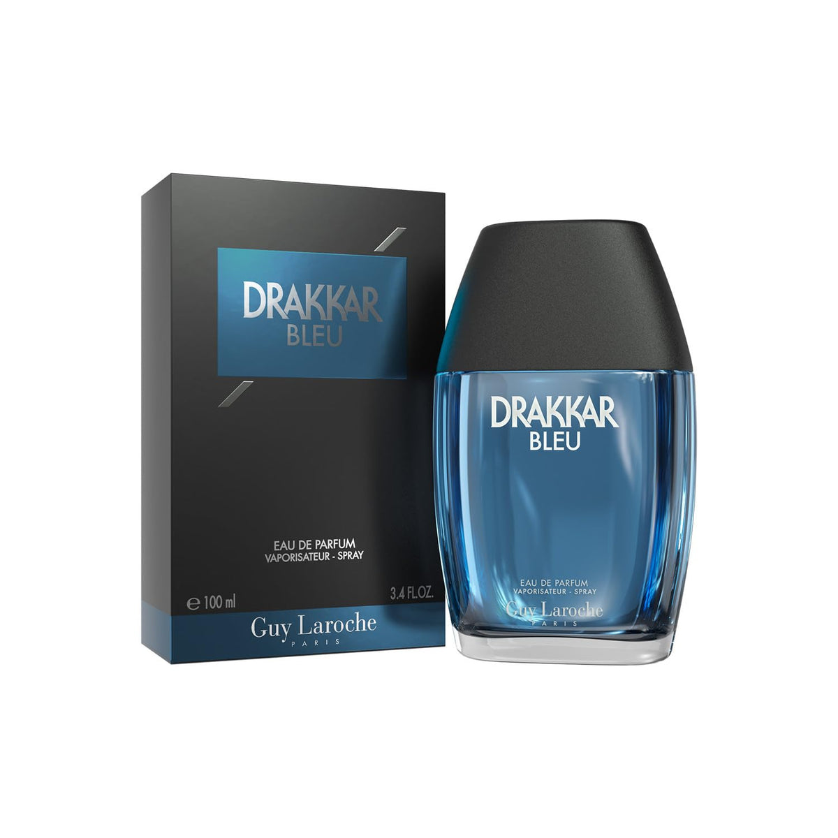 Guy Laroche Drakkar Bleu front bottle showing bold blue fragrance and elegant silhouette