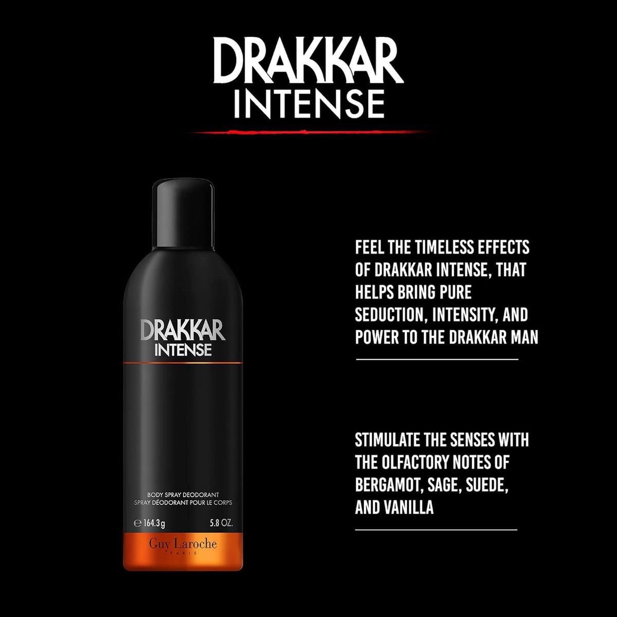 Guy Laroche Drakkar Intense side label detail highlighting fragrance notes and product info