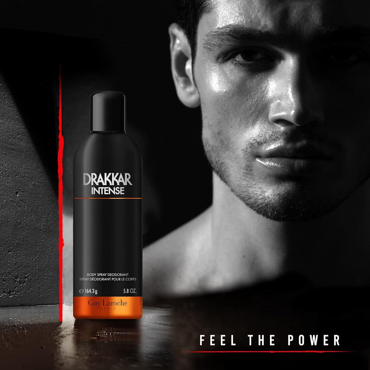 Guy Laroche Drakkar Intense spray pattern mid-air demonstrating quick, even application benefit