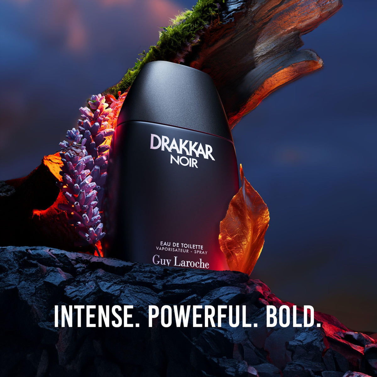 Guy Laroche Drakkar Noir angled shot highlights textured bottle finish and rugged look