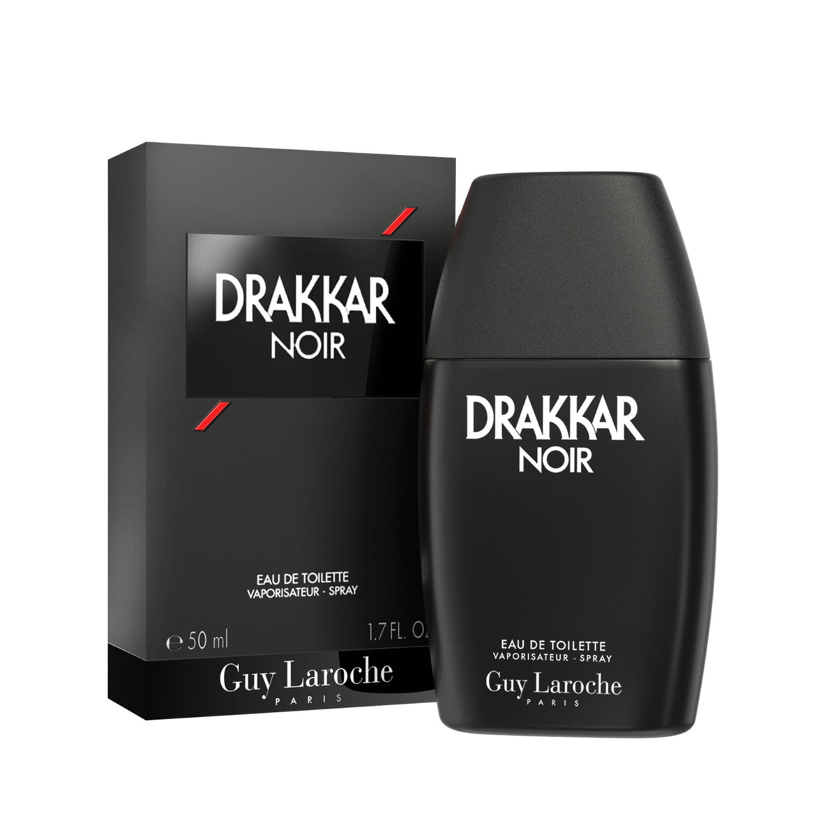 Guy Laroche Drakkar Noir front bottle shows bold matte black design and travel-friendly size