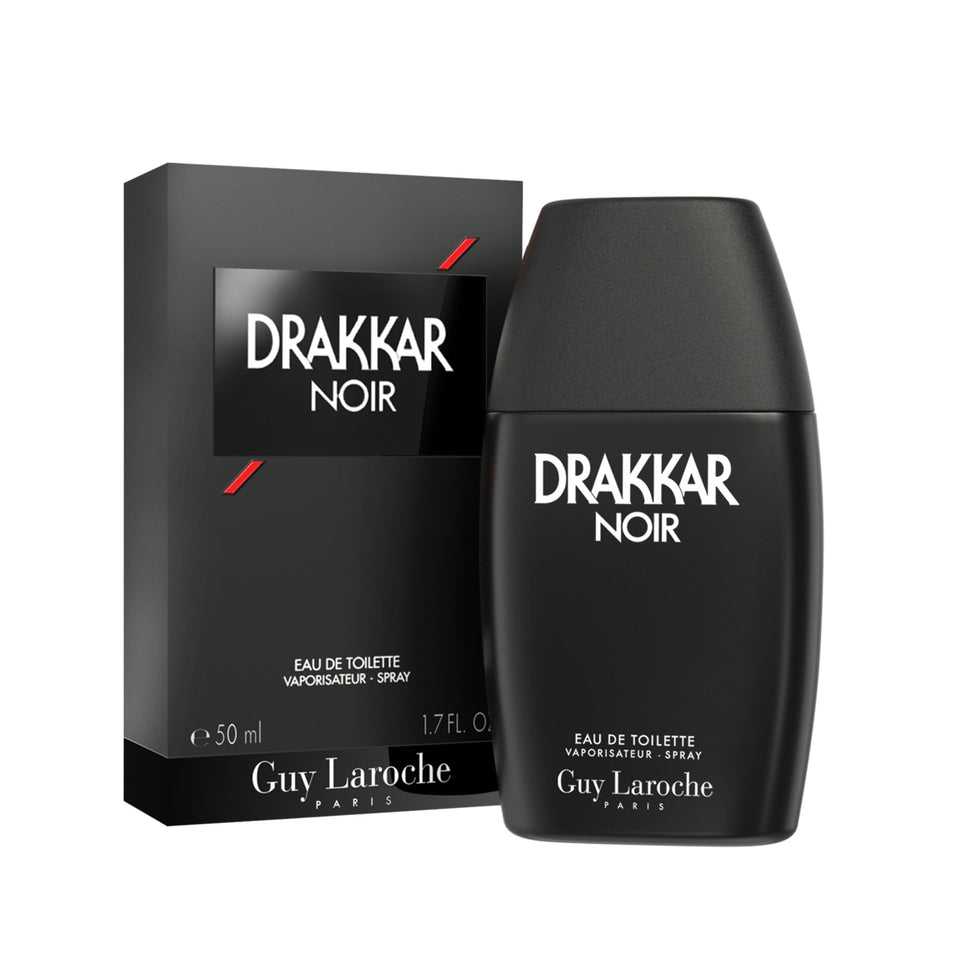Guy Laroche Drakkar Noir front bottle shows bold matte black design and travel-friendly size