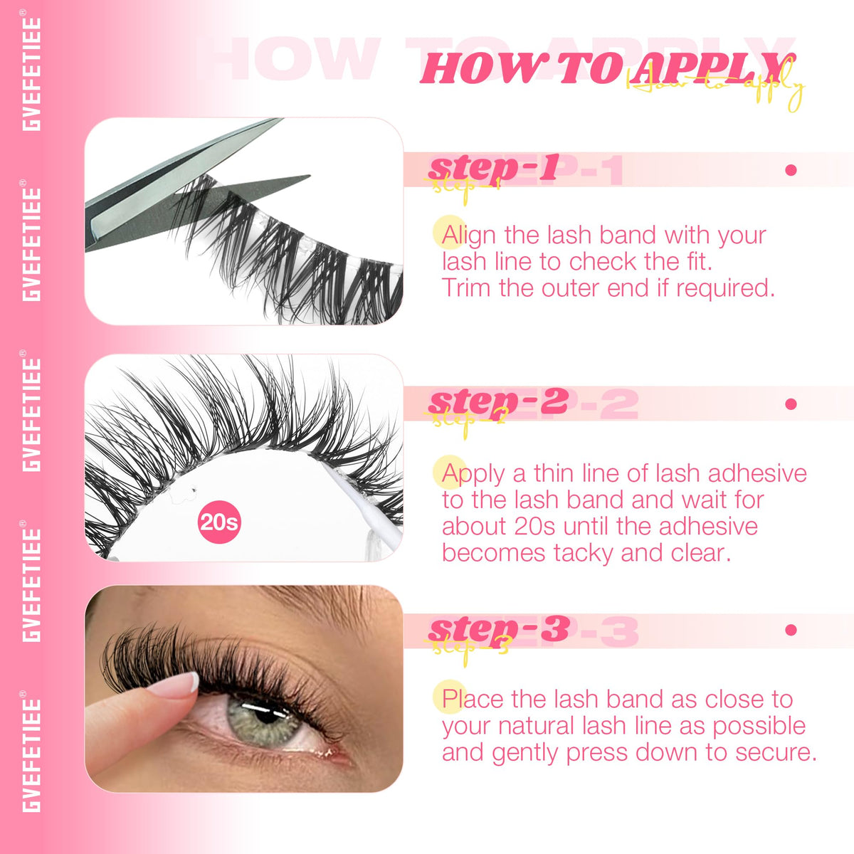 GVEFETIEE lash applied on eye demonstrating lifted fox-eye effect