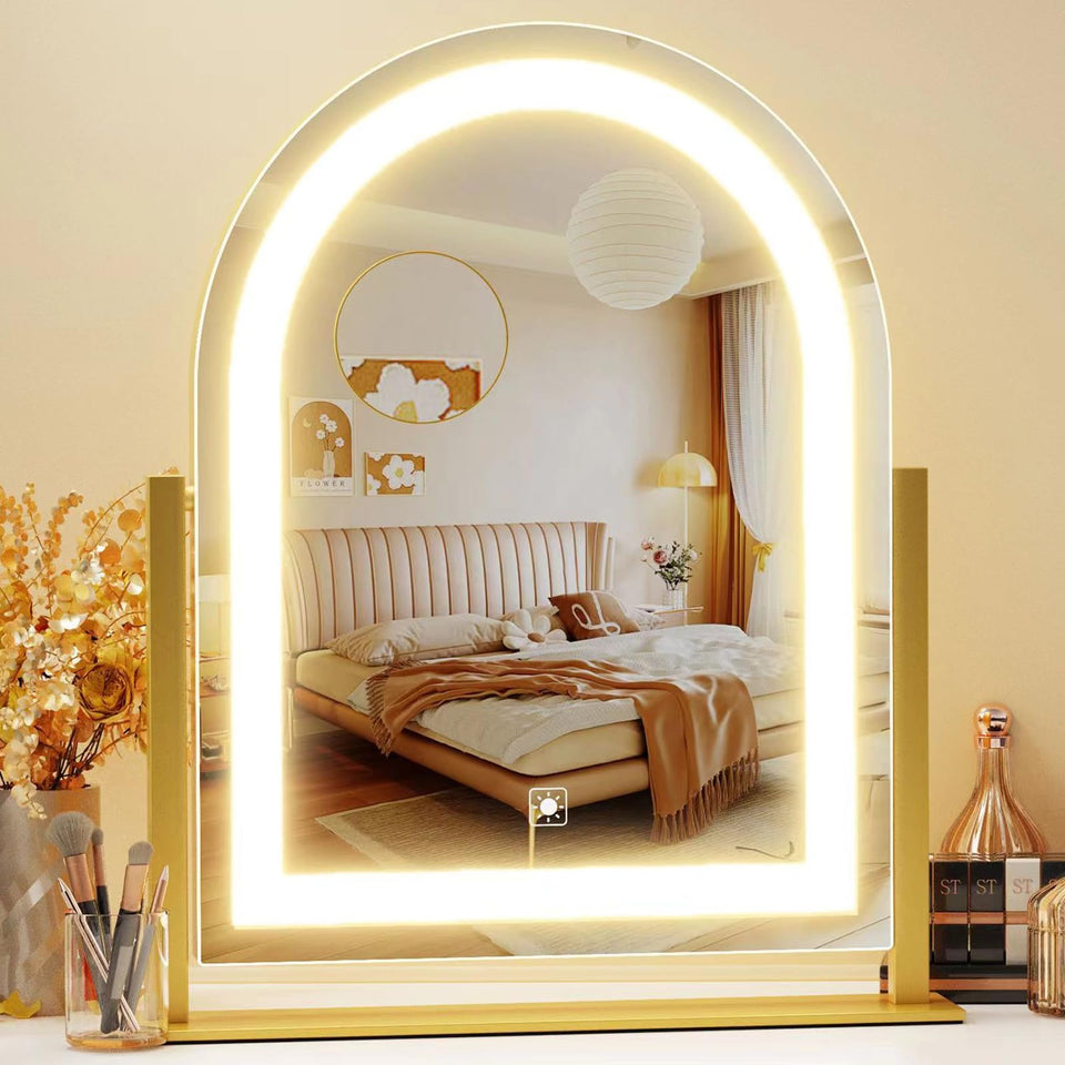 Gvnkvn front view arched gold mirror showing bright lighting benefit
