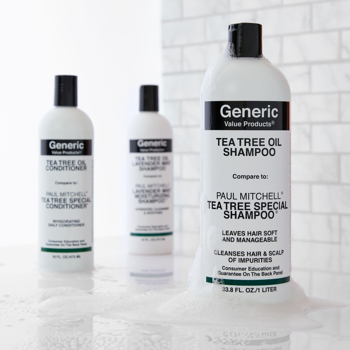 Generic Value Products shampoo in shower setting conveying refreshing experience