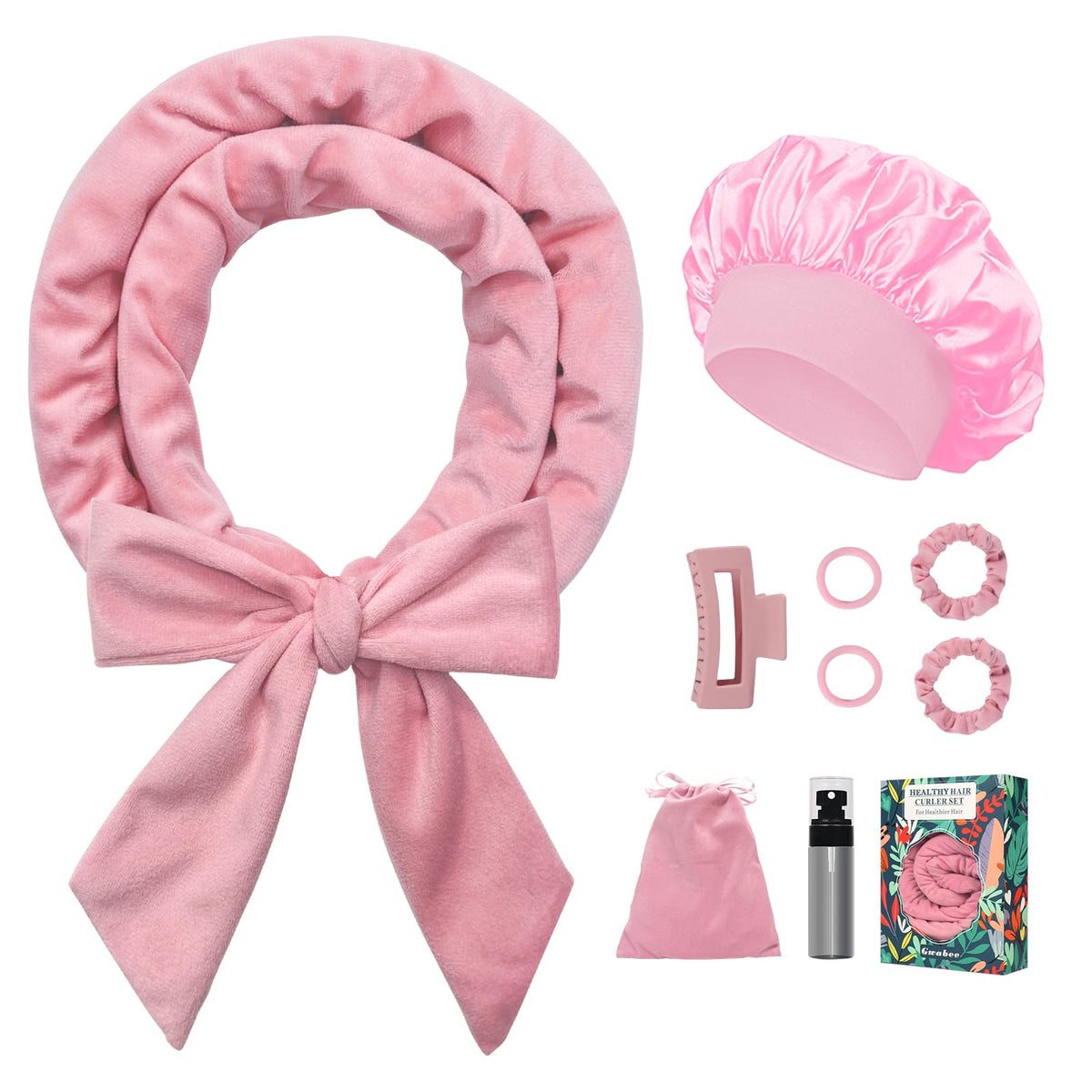 Gwabee front packaging pink showing 70-inch curl headband and 9-piece set, gift-ready