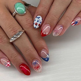 GXOIPNS front packaging showing 24-piece patriotic press-on nails set and tools