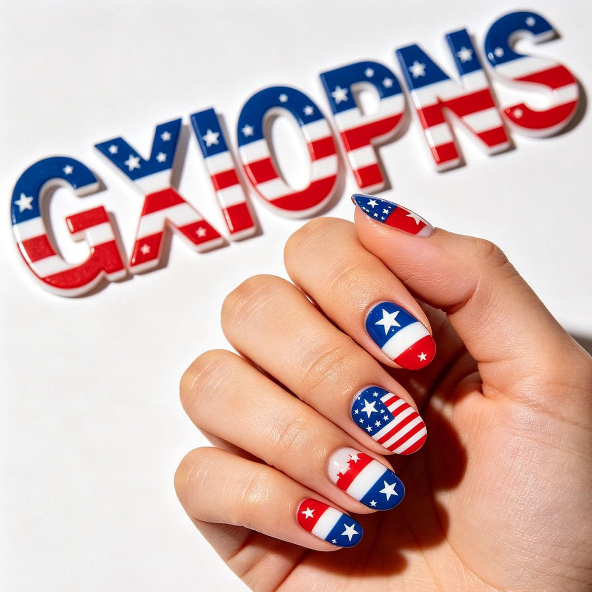 GXOIPNS lifestyle shot wearing patriotic nails at an outdoor Fourth of July gathering