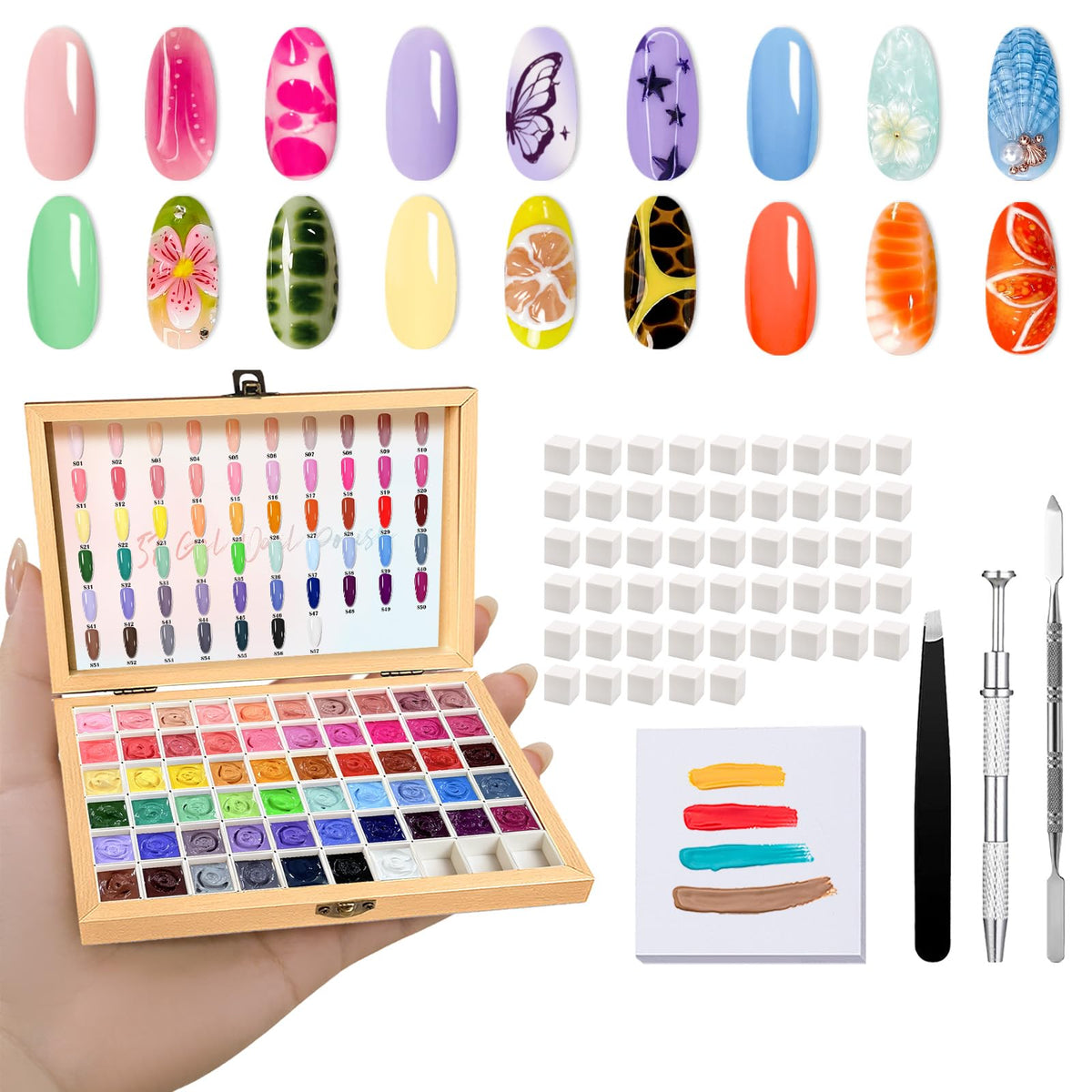 GZIXBDA open palette showing 57 mini gel pots and color range benefit