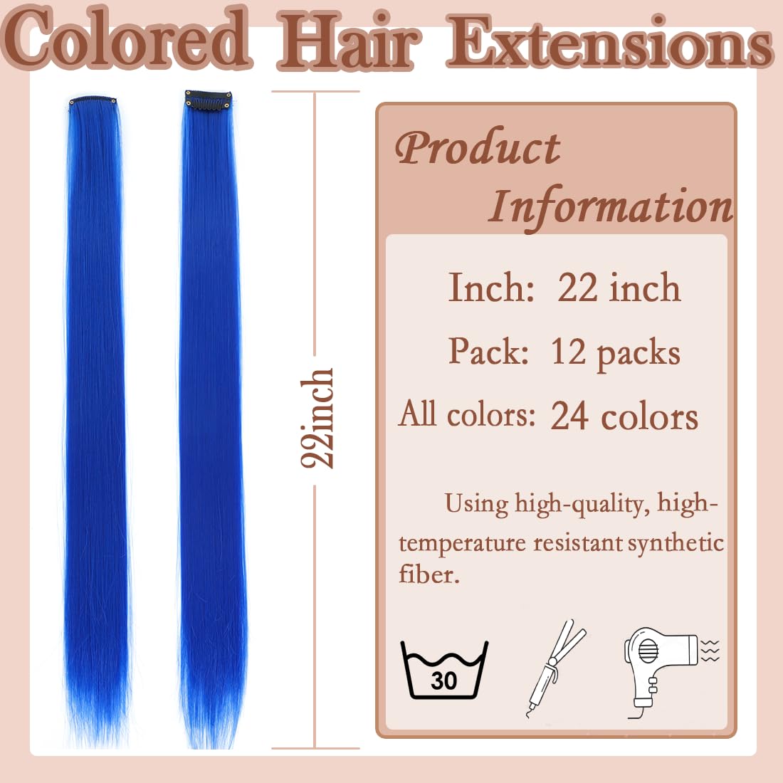 GZVIS crystal blue full-length 22-inch straight extensions displayed to show vivid color