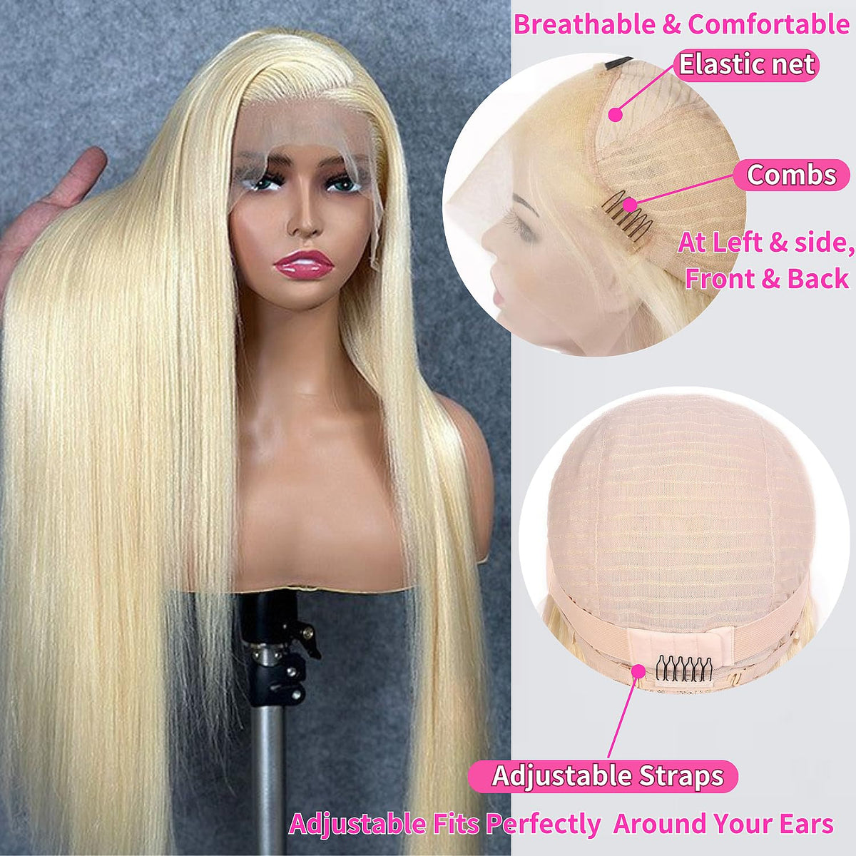 GZX cap construction with combs and adjustable straps for secure glueless fit