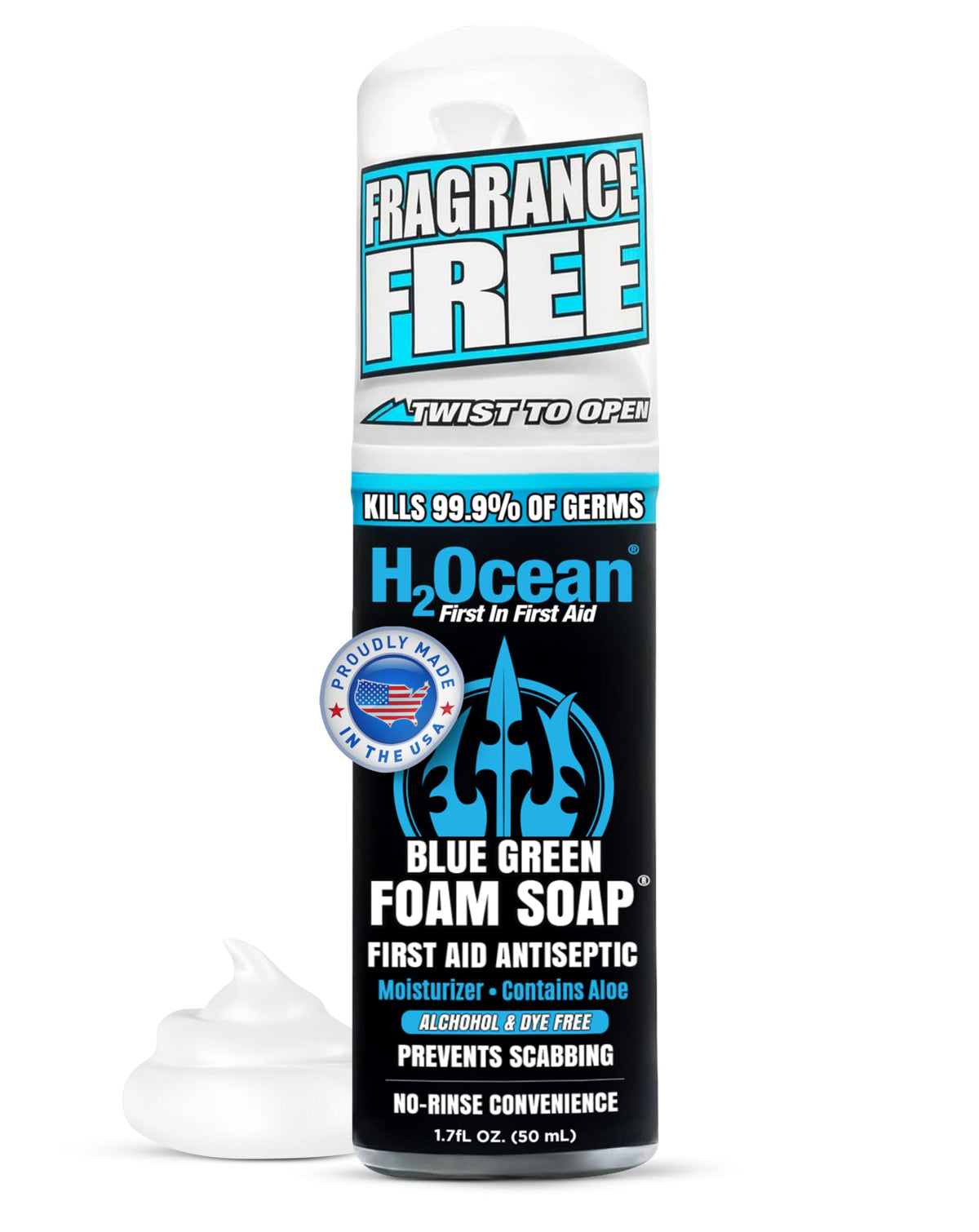 H2Ocean foam soap front packaging showing compact travel bottle and clear label benefits