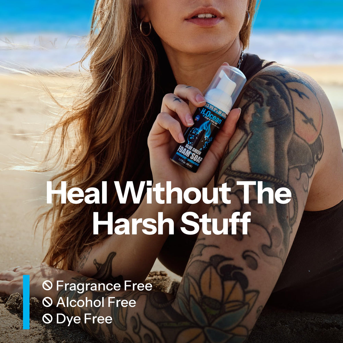 H2Ocean sea salt and aloe ingredients arranged to highlight mineral-rich, soothing formula