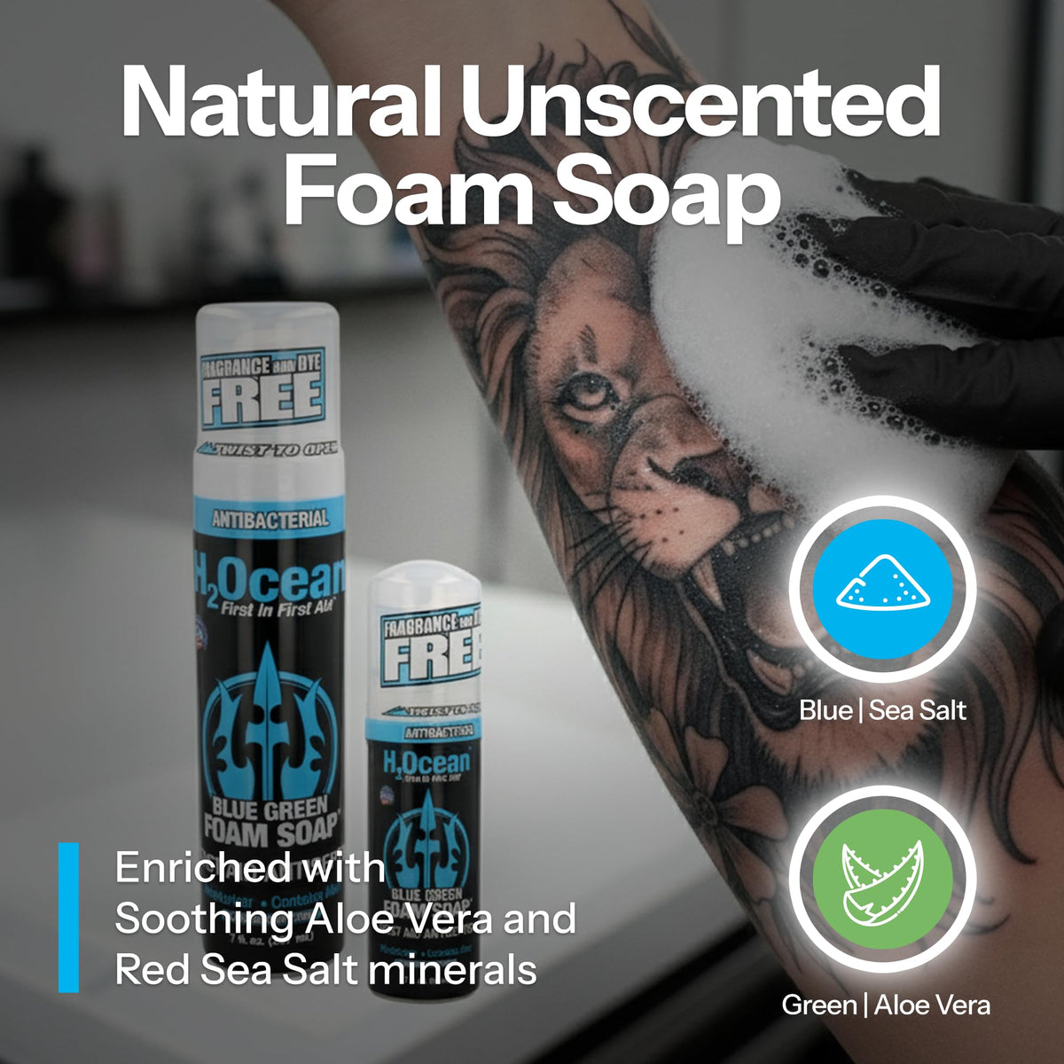 H2Ocean label close-up showing alcohol-free, fragrance-free ingredient callouts
