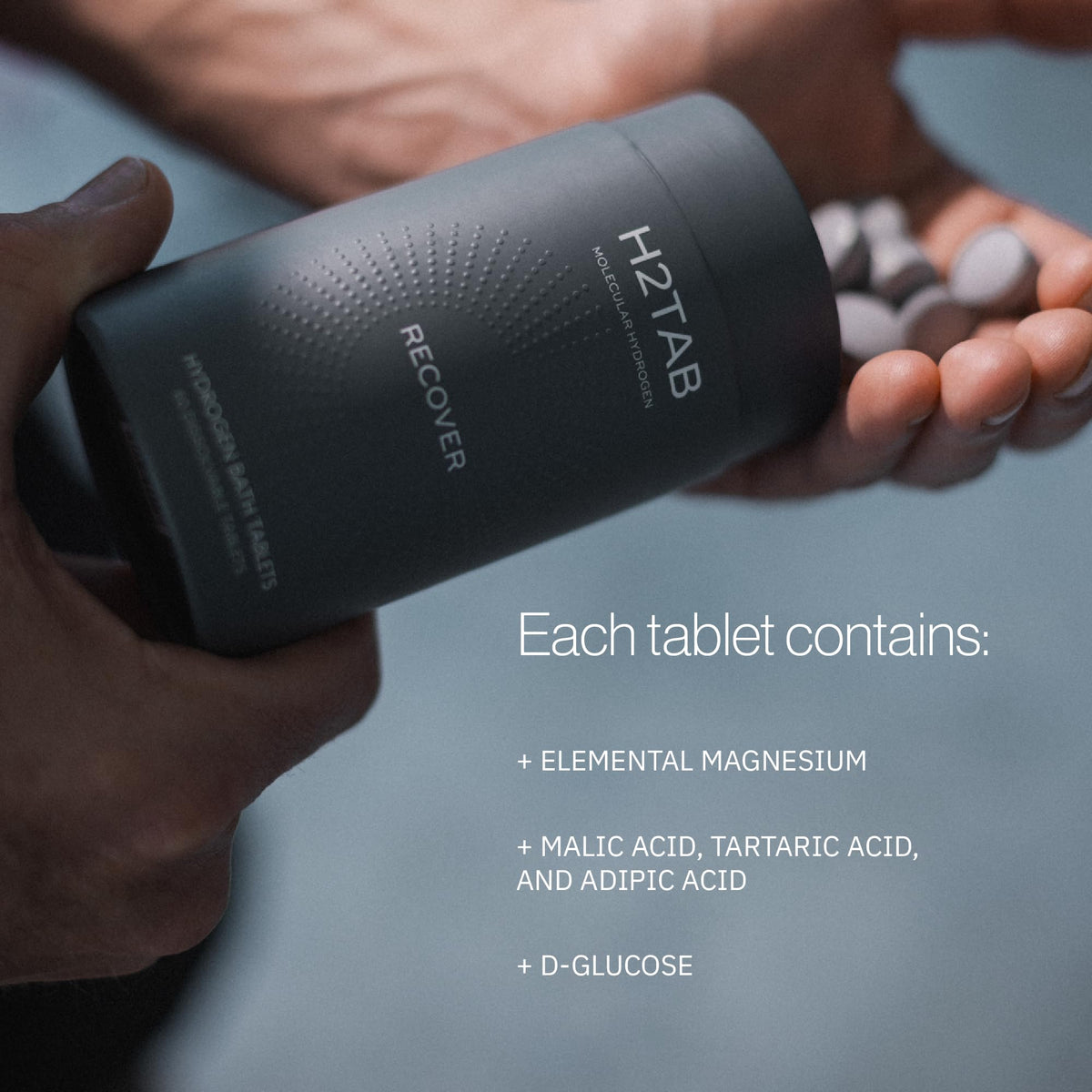 Close-up of H2TAB jar label and ingredient callouts, emphasizes fragrance-free formulation