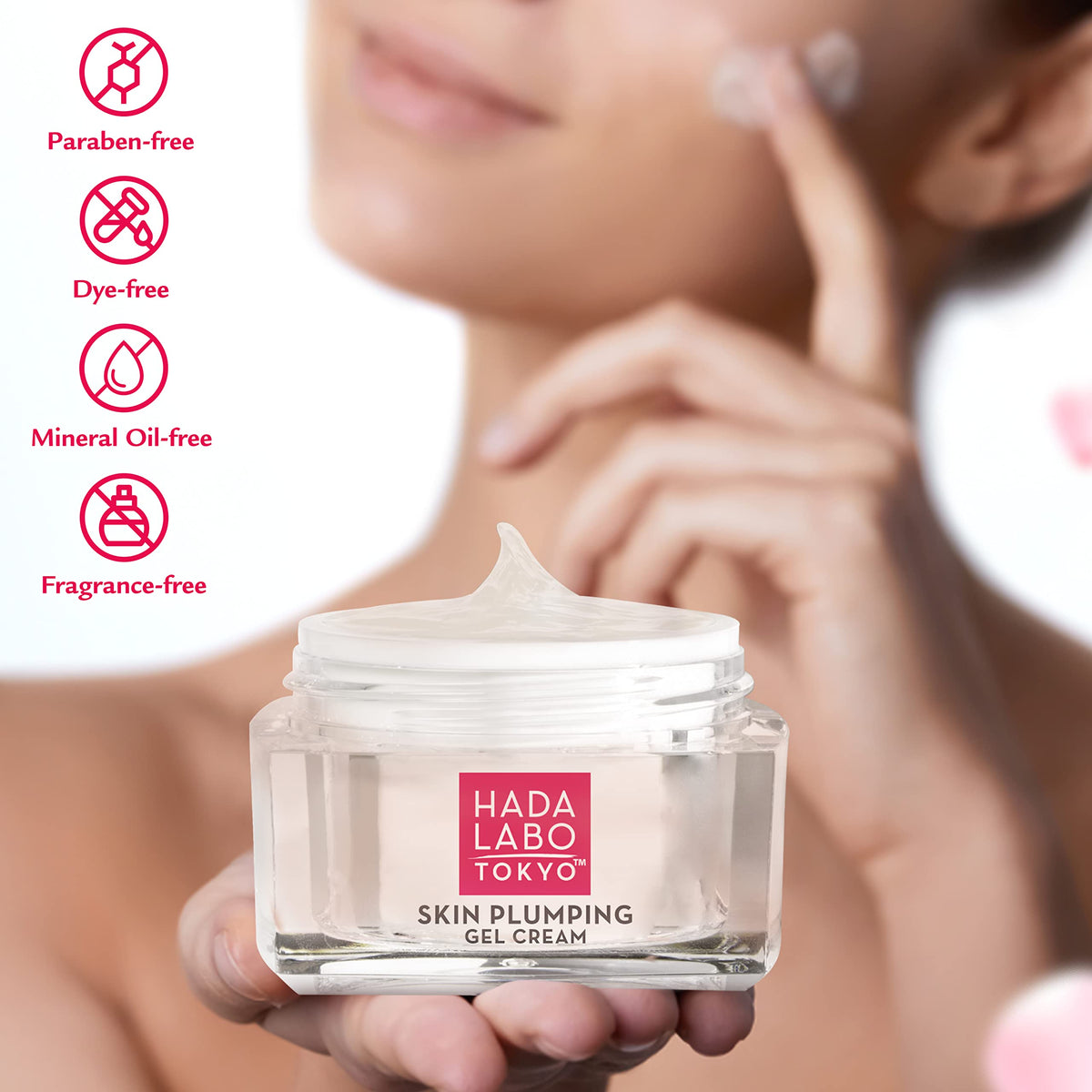 Hada Labo Tokyo application on face and neck showing massage and improved bounce