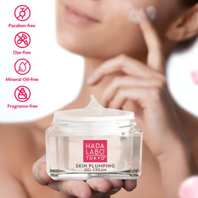 Hada Labo Tokyo application on face and neck showing massage and improved bounce