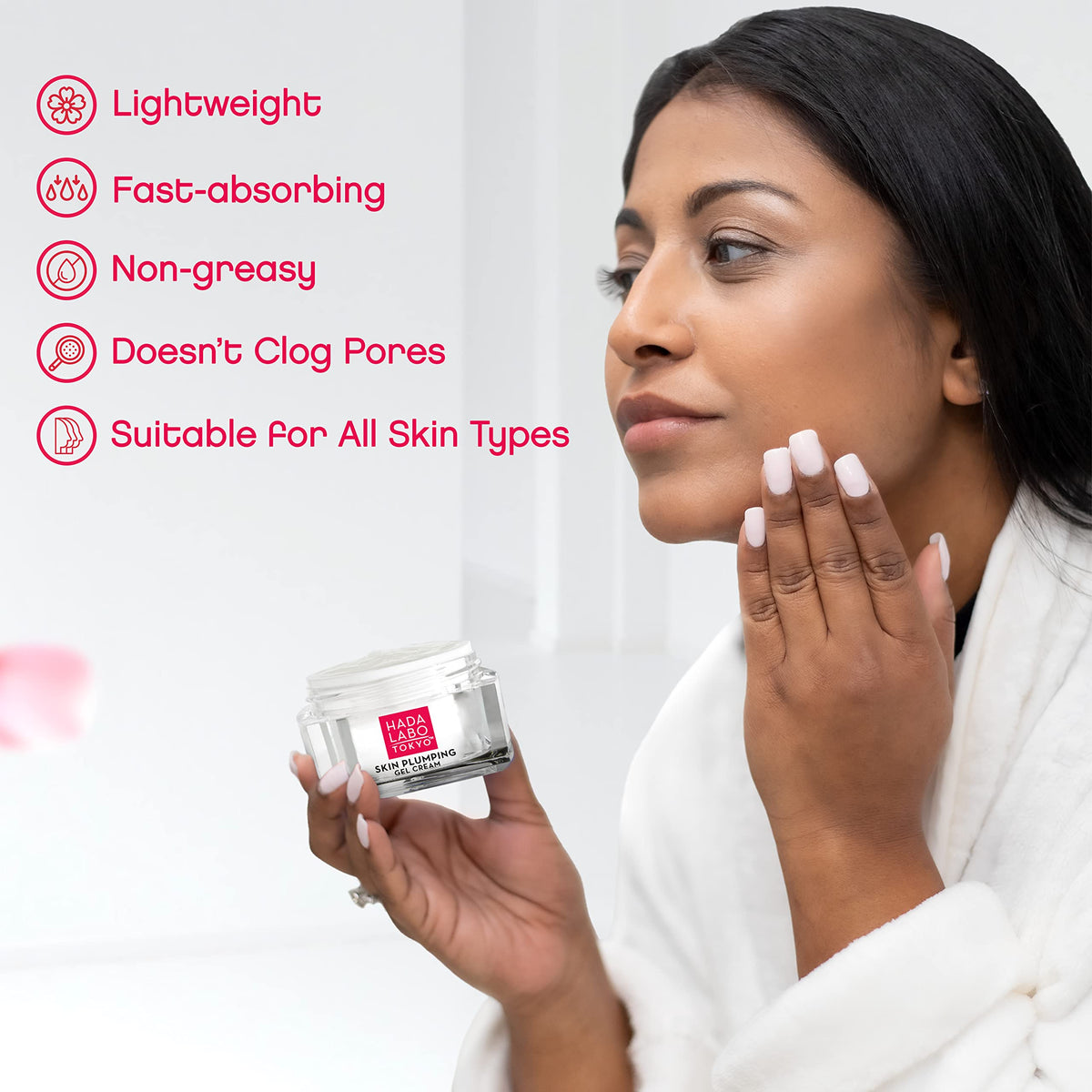 Hada Labo Tokyo gel cream spread on hand demonstrating non-greasy hydration